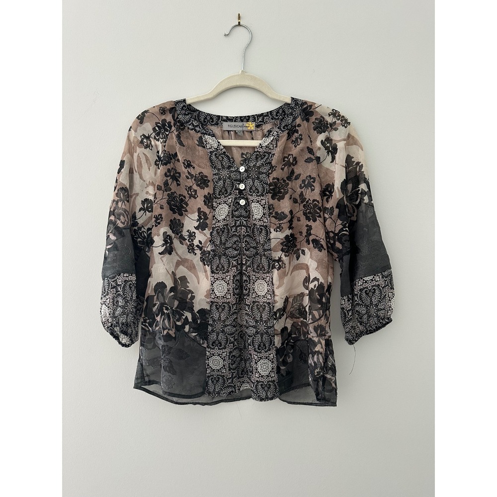 Figueroa & Flower Sheer Floral Mixed Print V-Neck Blouse Tan Black PS
